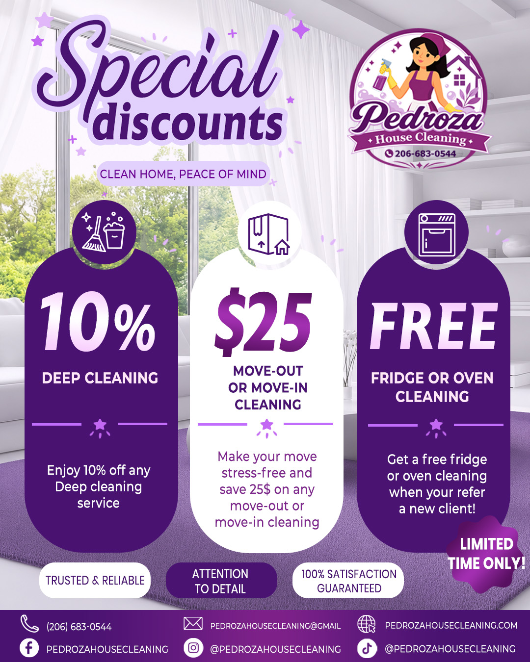 Pedroza House Cleaning Special Discounts: 10% off Deep Cleaning, $25 off Move-Out/Move-In, Free Fridge or Oven Cleaning